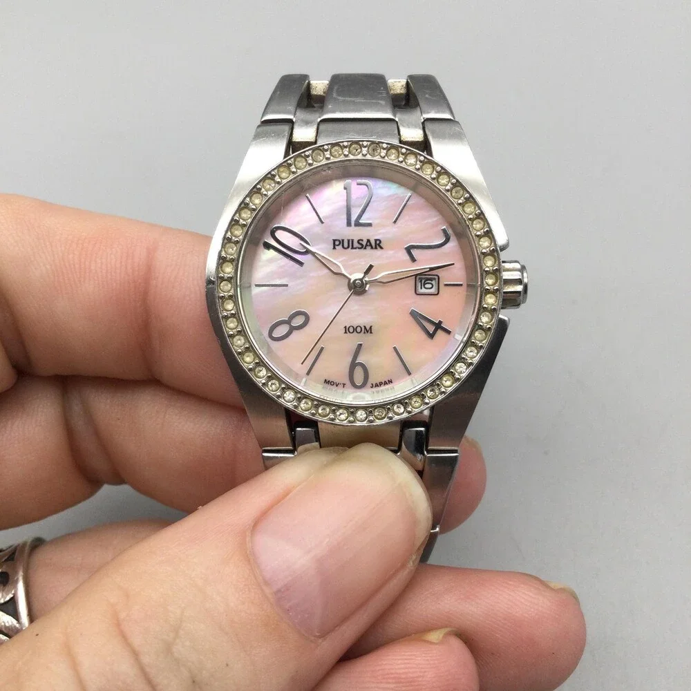 Pulsar Womens Watch 27mm Pink MOP Dial Crystal Bezel V8X2-X393 Date 6.25